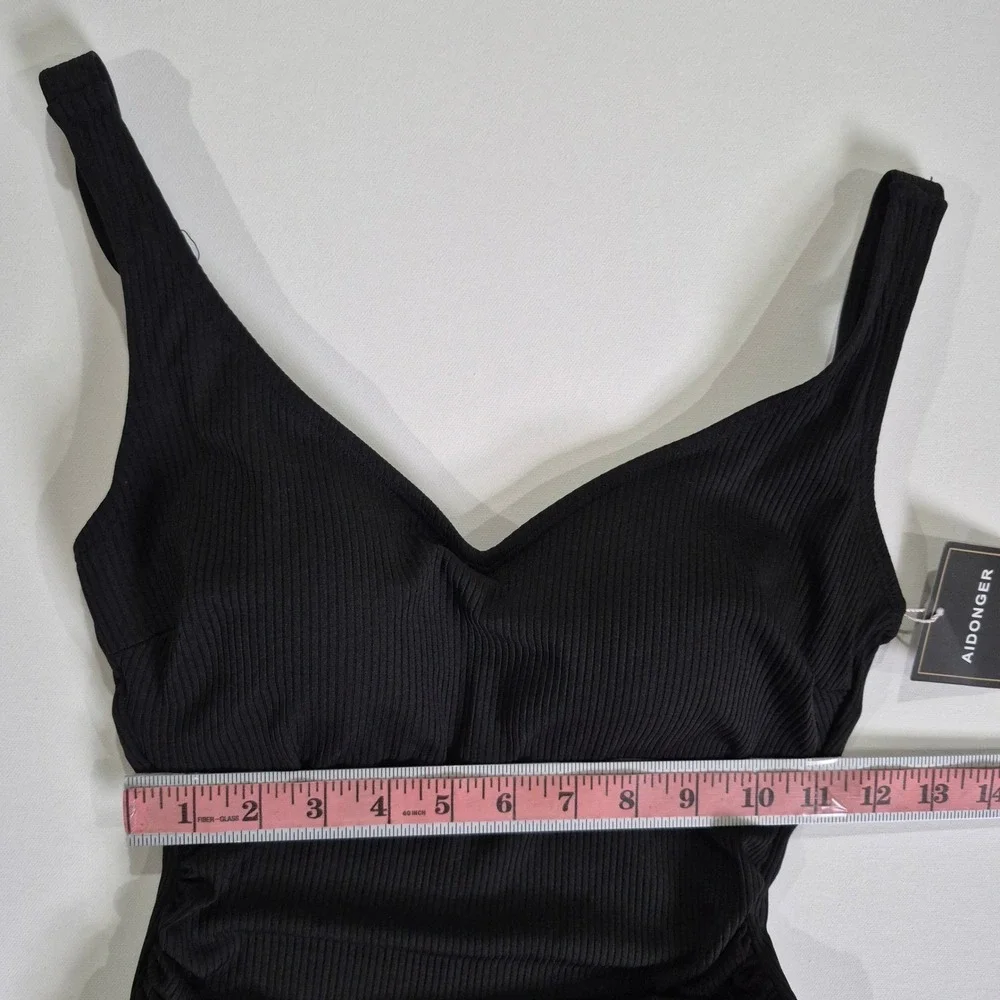 Aidonger Womens Black Ribbed One Piece Swim Dress V-Neck Side Tie Swimsuit Small